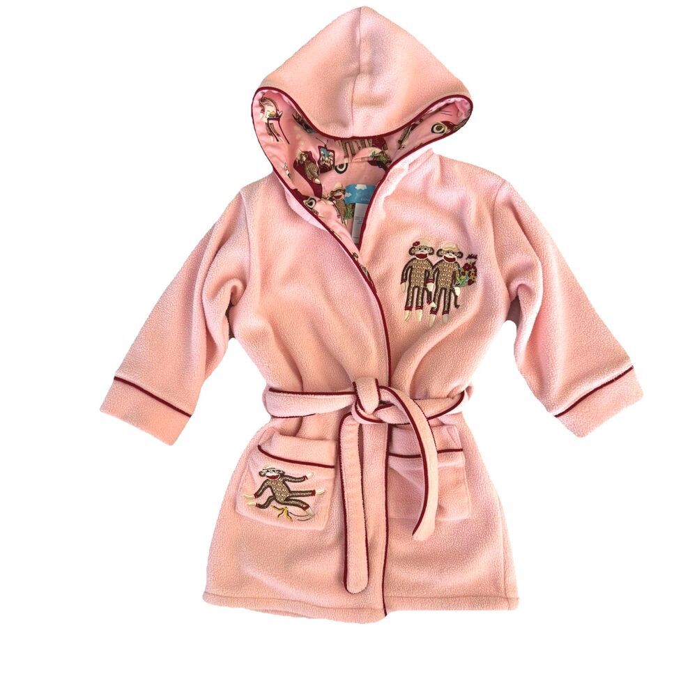 Nick & Nora Toddler Girls Sock Monkey Fleece Hooded Bath Robe Pink Brown 18M